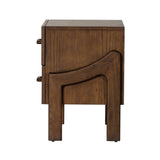 Made from brown-finished ash with leather-wrapped hardware, wide scale and sculptural details reflect the Brazilian midcentury inspiration behind this dual-drawer nightstand Amethyst Home provides interior design, new home construction design consulting, vintage area rugs, and lighting in the Monterey metro area.