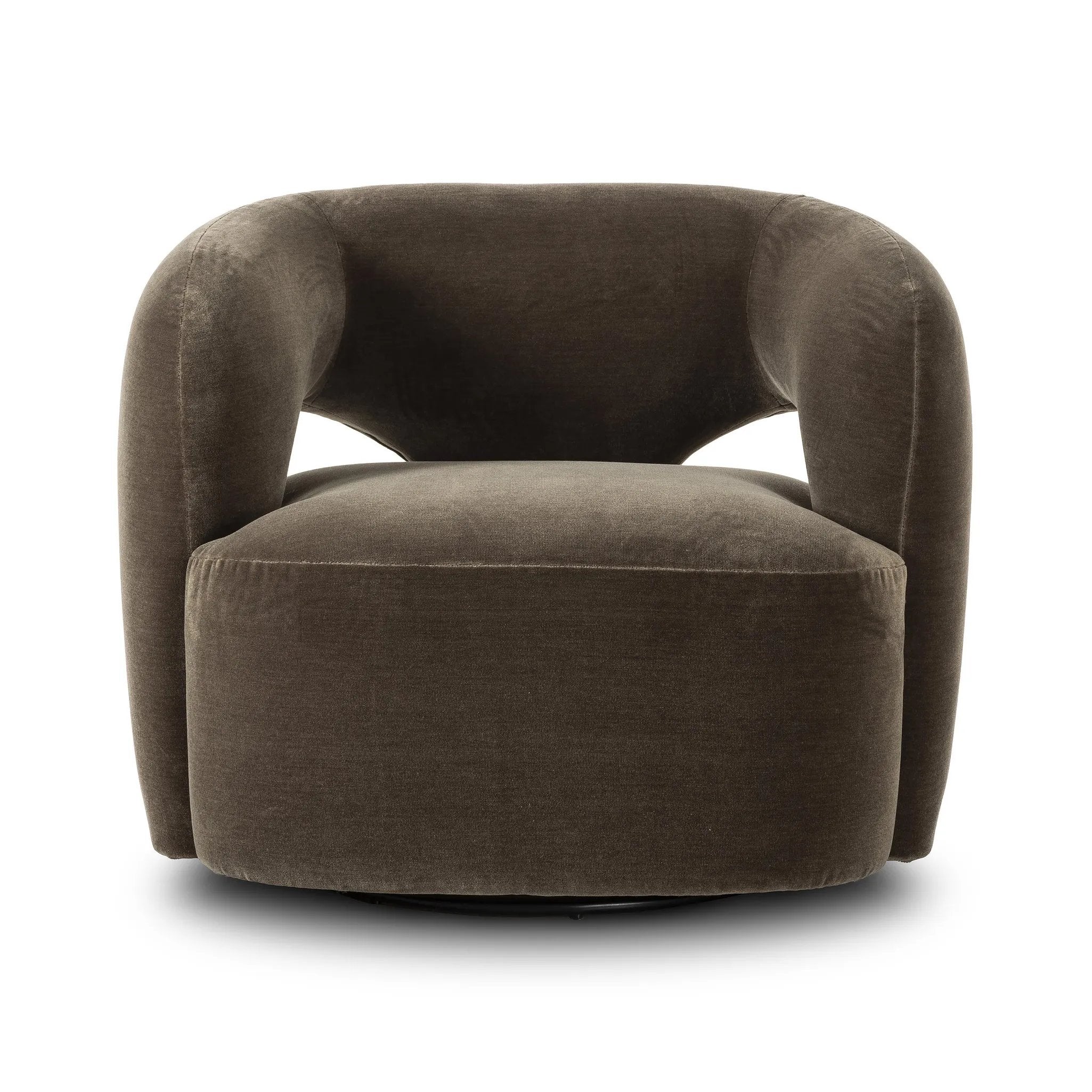 A fluid play on seating. This statement-making swivel chair features subtle cutouts on the back, with plush arms that hug the seat. Upholstered in an olive faux wool-mohair, bringing a plush moment to a classic frame Amethyst Home provides interior design, new home construction design consulting, vintage area rugs, and lighting in the Austin metro area.