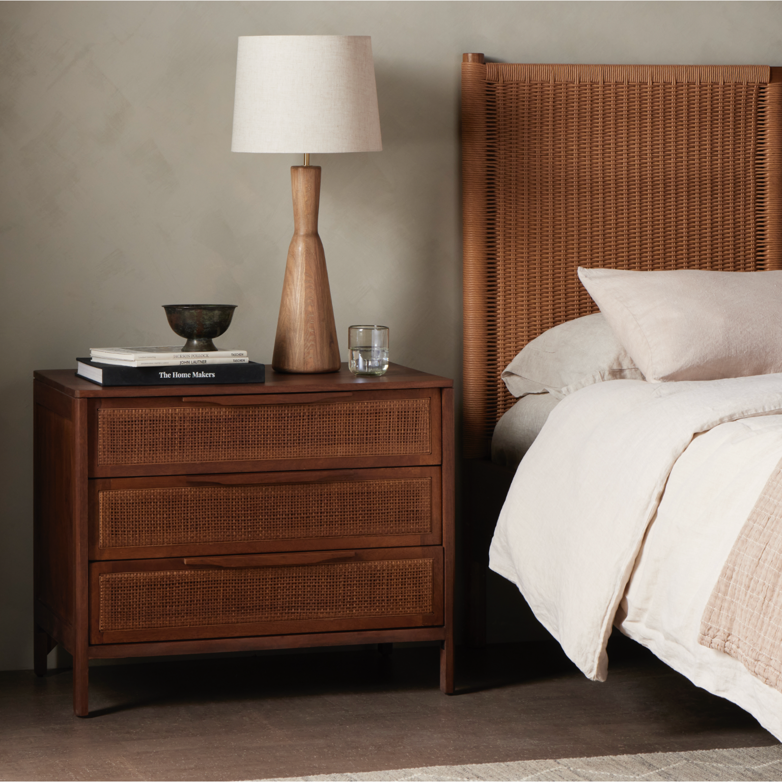 Brown wash mango frames inset woven cane, for a light, textural look with organic allure. Three spacious drawers provide plenty of closed storage. Amethyst Home provides interior design, new construction, custom furniture and area rugs in the Seattle metro area