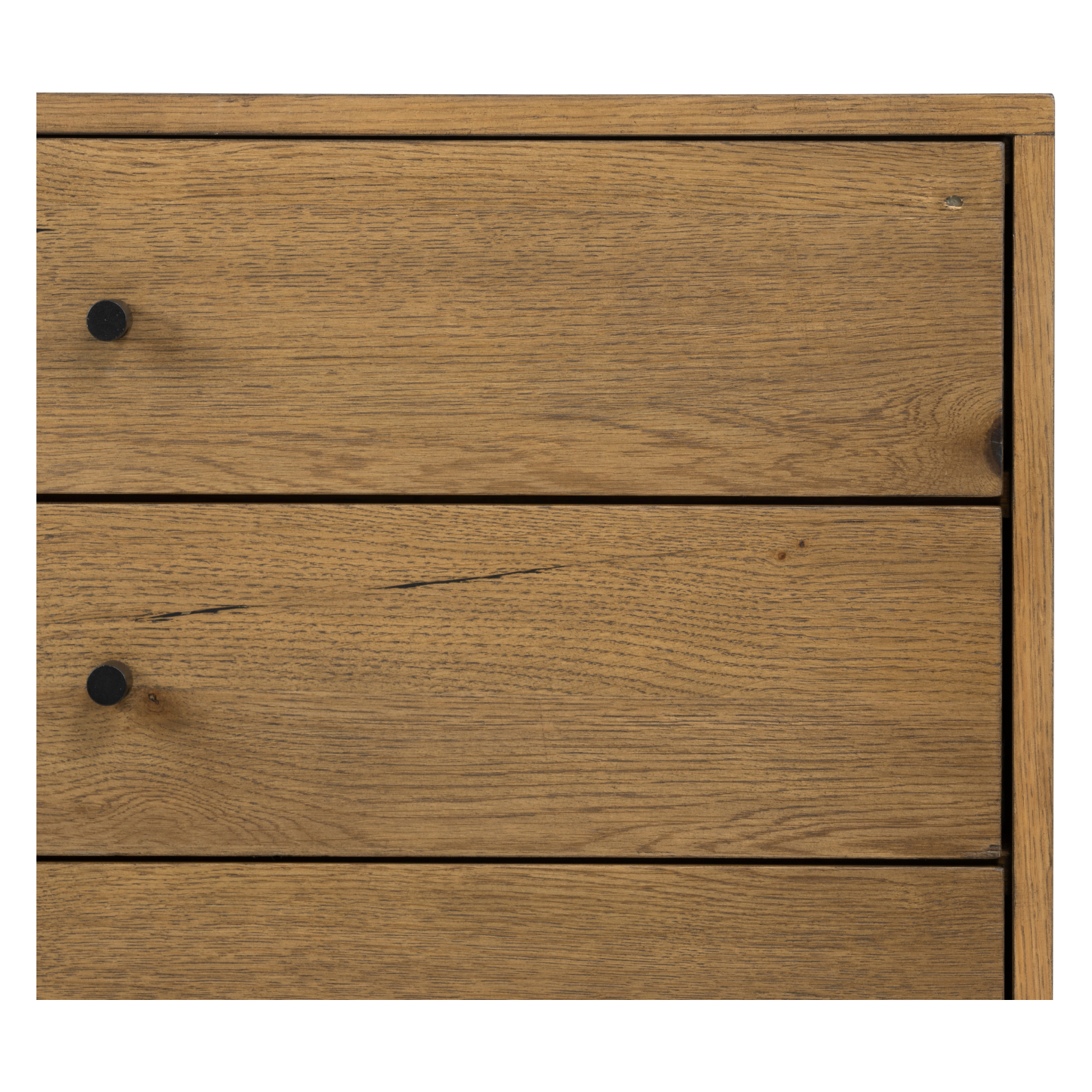 Clean and streamlined. Amber-finished oak features three large drawers plus gunmetal-finished hardware, for a look that's always in style. Dark resin plays up woods' natural graining.