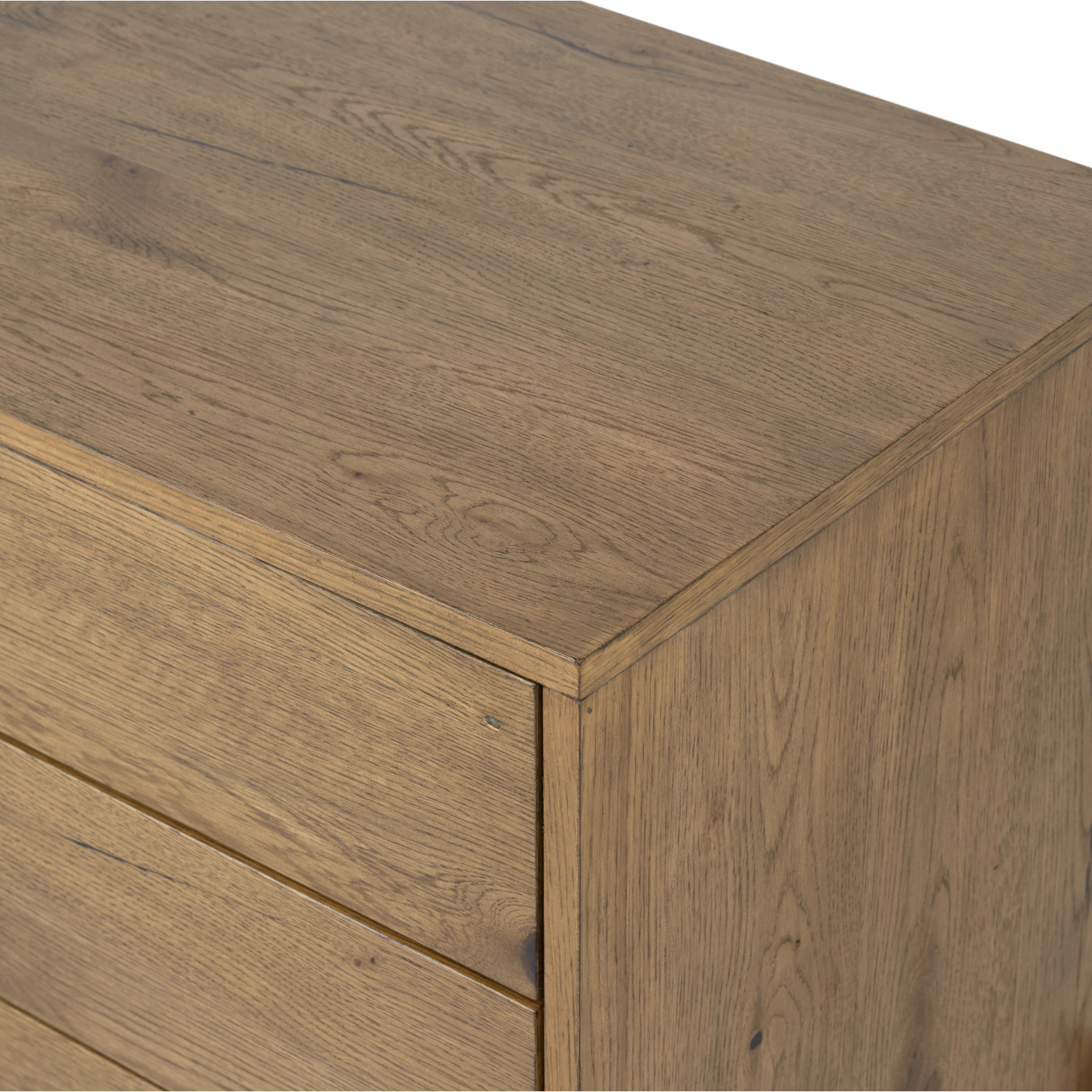 Clean and streamlined. Amber-finished oak features three large drawers plus gunmetal-finished hardware, for a look that's always in style. Dark resin plays up woods' natural graining.