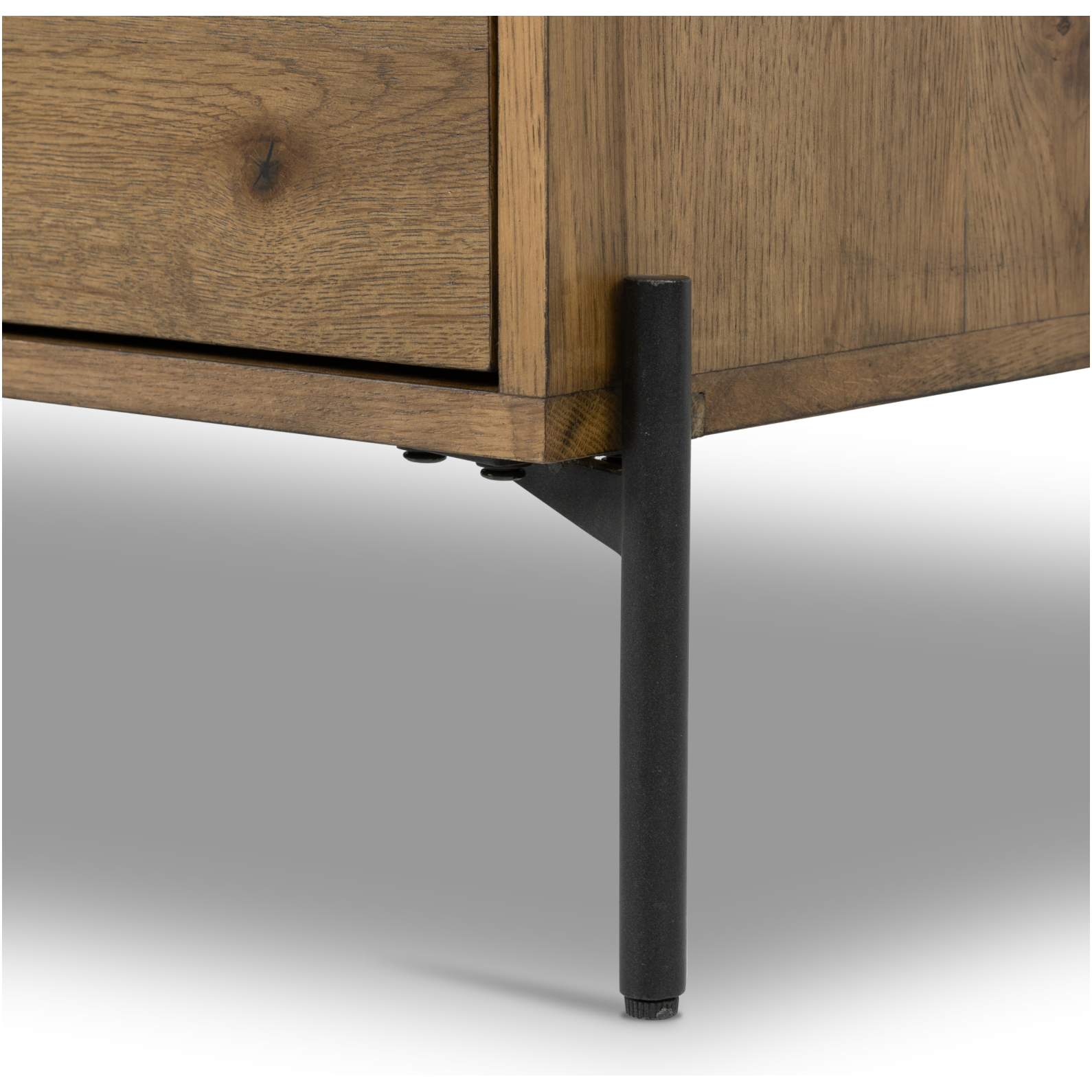 Clean and streamlined. Amber-finished oak features three large drawers plus gunmetal-finished hardware, for a look that's always in style. Dark resin plays up woods' natural graining.