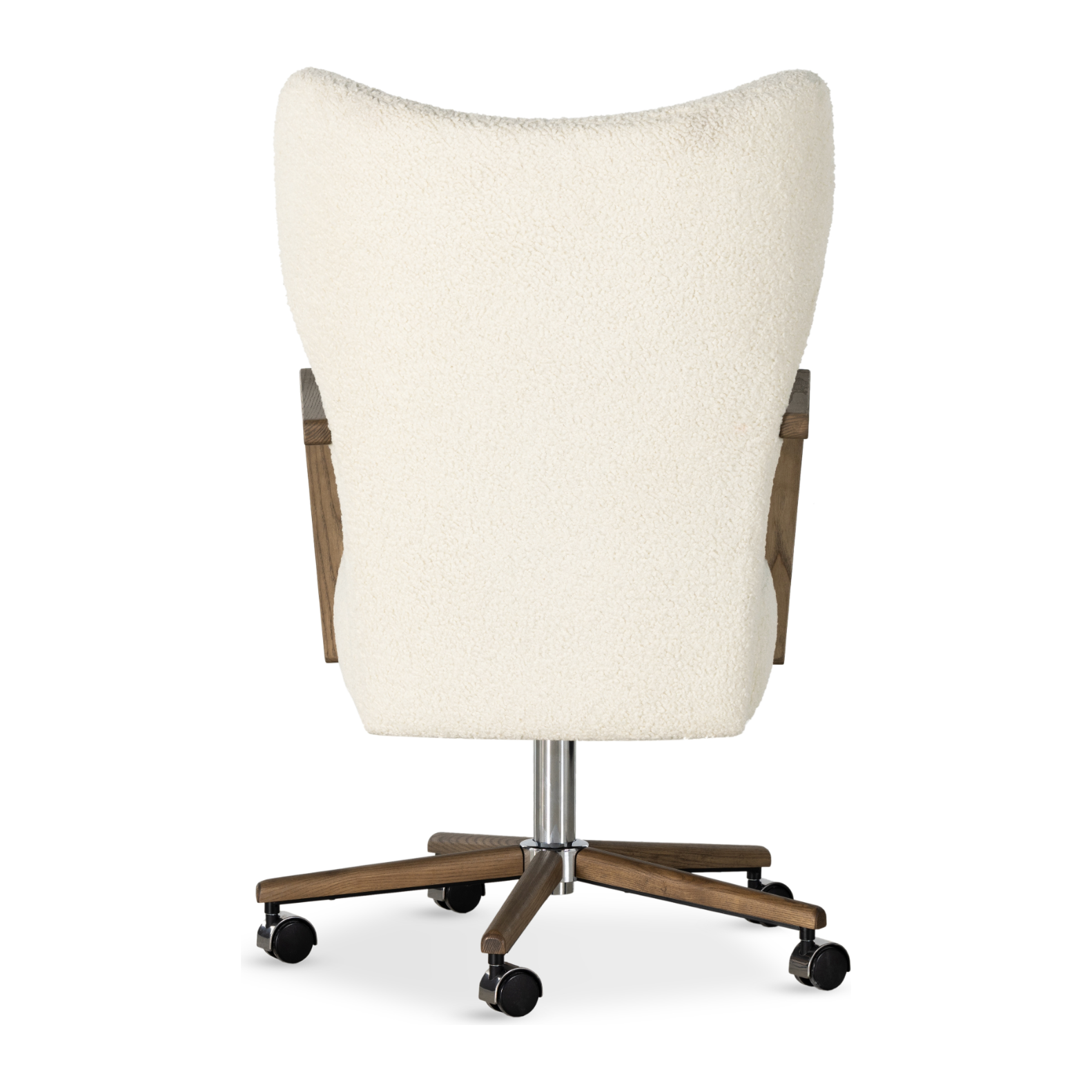 A comfort-driven desk chair features soft, textural upholstery, framed by solid ash arms. A height-adjustable swivel base with casters makes for ease in the modern office. Amethyst Home provides interior design, new home construction design consulting, vintage area rugs, and lighting in the Austin metro area.