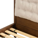 A simple, heavy wood bed frame with a removable sling cushion in a neutral fabric with blind button tufting. Choose the all-wood look or opt for a softer look with the pillow. The cushion is reinforced at the corners for added durability and easily removed for cleaning Amethyst Home provides interior design, new home construction design consulting, vintage area rugs, and lighting in the Kansas City metro area.