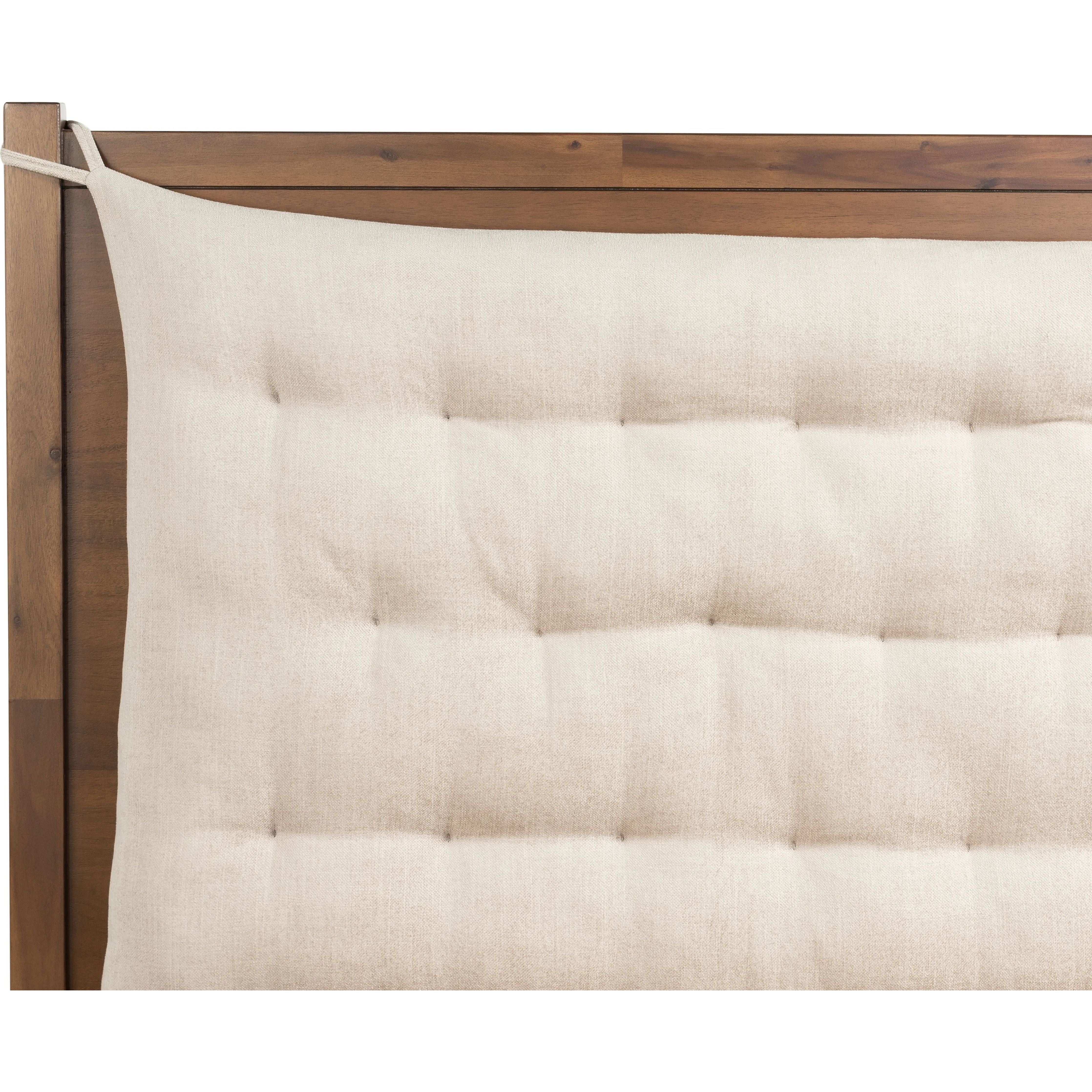 A simple, heavy wood bed frame with a removable sling cushion in a neutral fabric with blind button tufting. Choose the all-wood look or opt for a softer look with the pillow. The cushion is reinforced at the corners for added durability and easily removed for cleaning Amethyst Home provides interior design, new home construction design consulting, vintage area rugs, and lighting in the Scottsdale metro area.